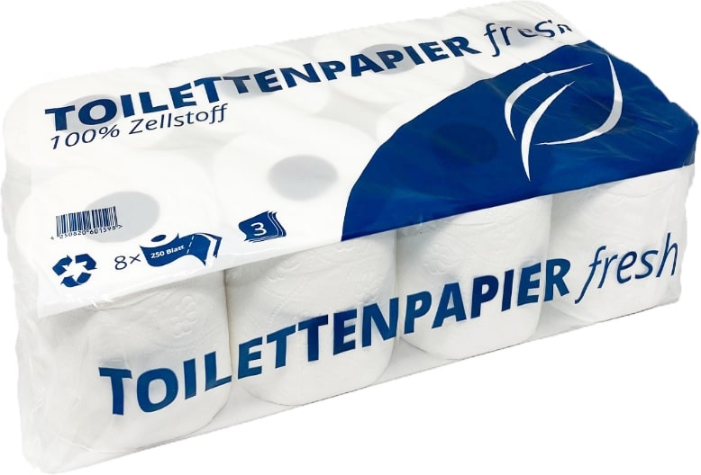 Toilettenpapier, 3-lg. 8x250 Blatt 100% Zellstoff hochweiß